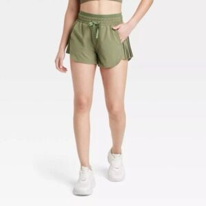 JoyLab Army Green High-Rise Pleated Side Running/Workout Shorts, Size Medium